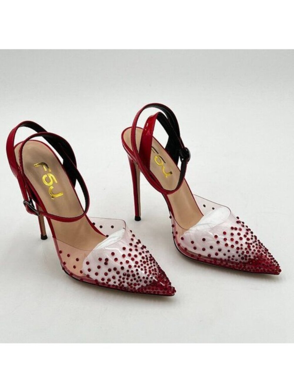 FSJ Red Crystal High Heel Clear Pump Pointed Toe Slip On Fashion Dress Shoes